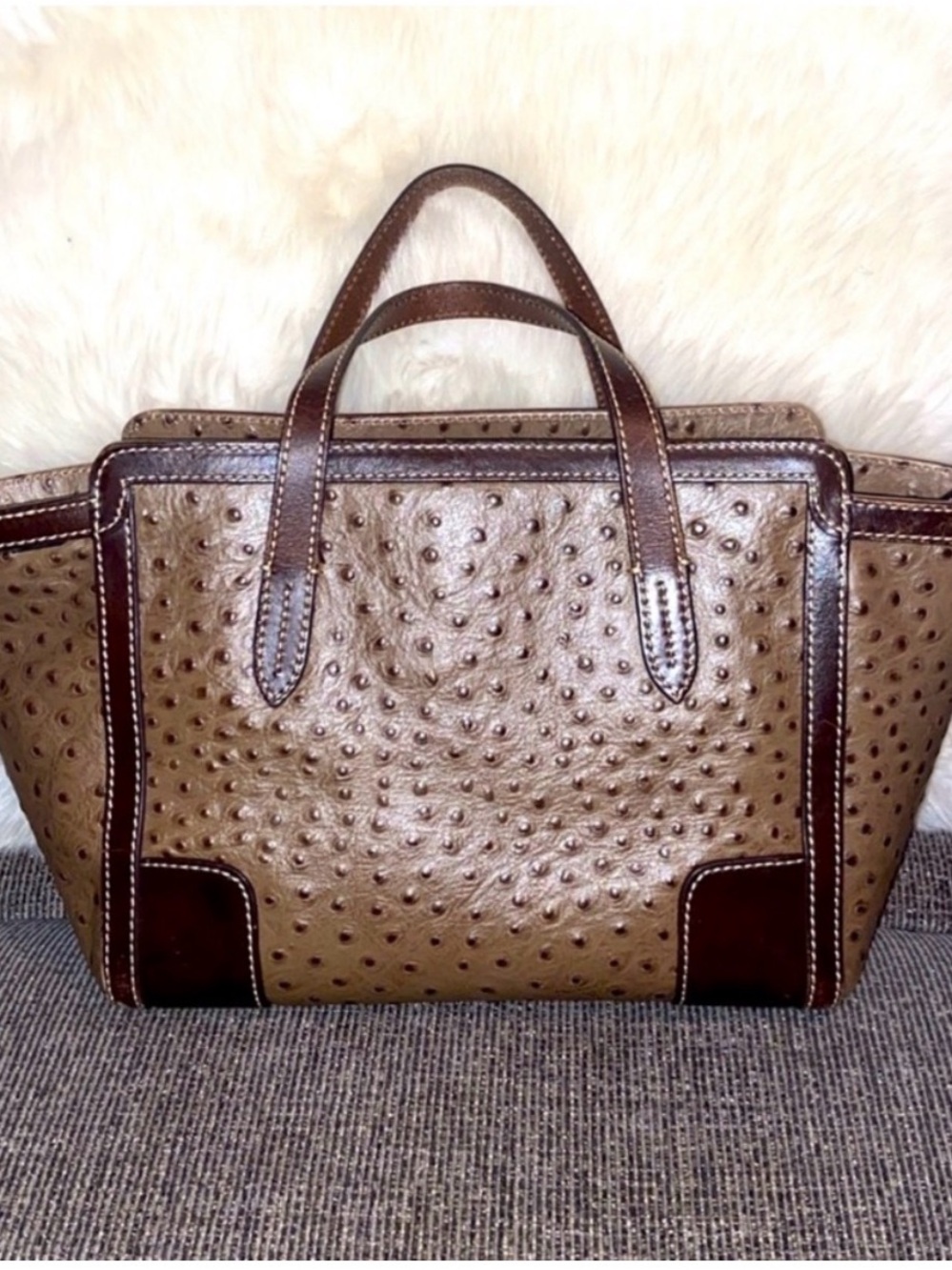 Dooney & Bourke Brown Ostrich-Style Satchel with Dark Trim - Picture 2 of 5